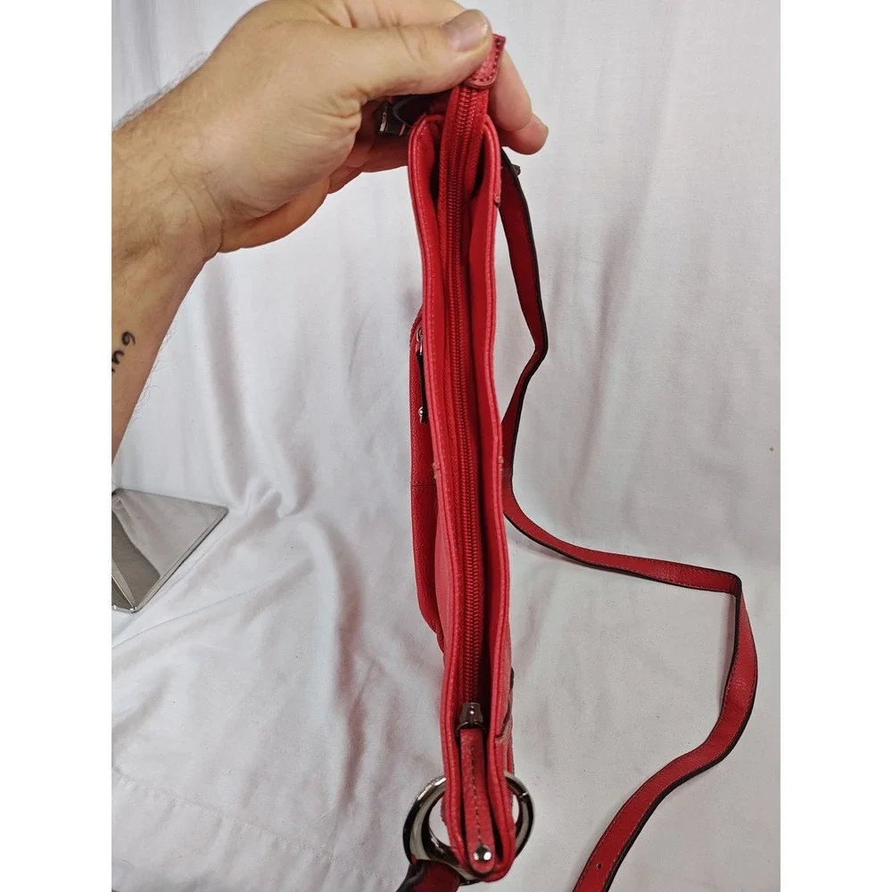 Tignanello Red Pebbled Leather Organizer Crossbody Shoulder Bag Silver Hardware